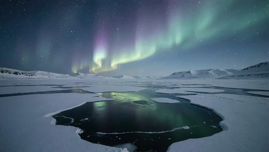 Aurora over a still lake