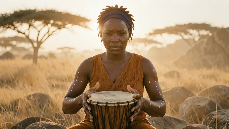 Drummer on a golden savanna at dawn