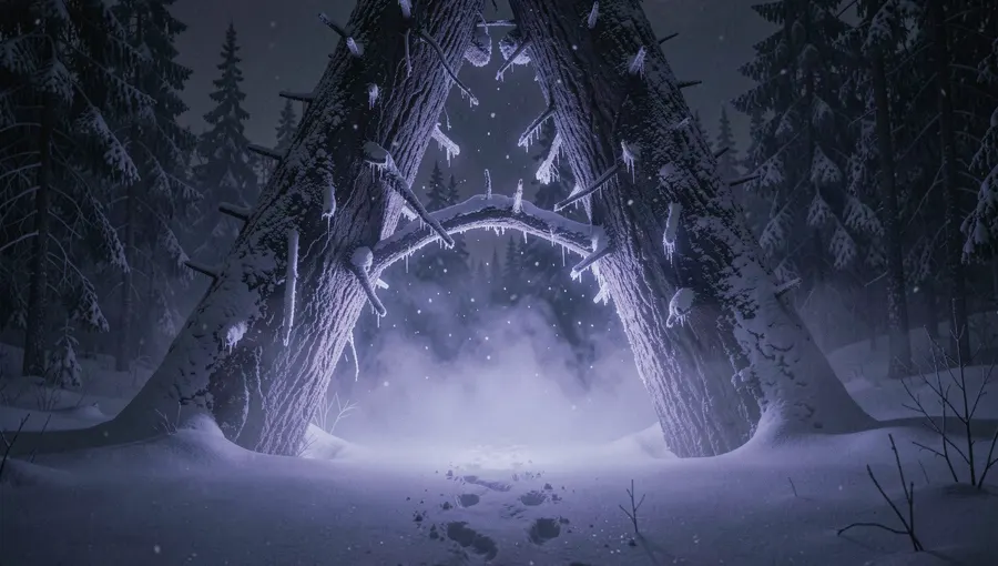 Spirit gate in a frozen forest